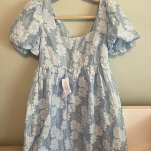 Topshop Blue and White Puff Sleeve Sundress
